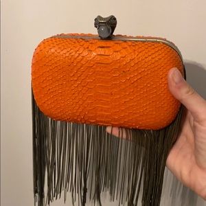 House of Harlow 1960 orange snakeskin clutch